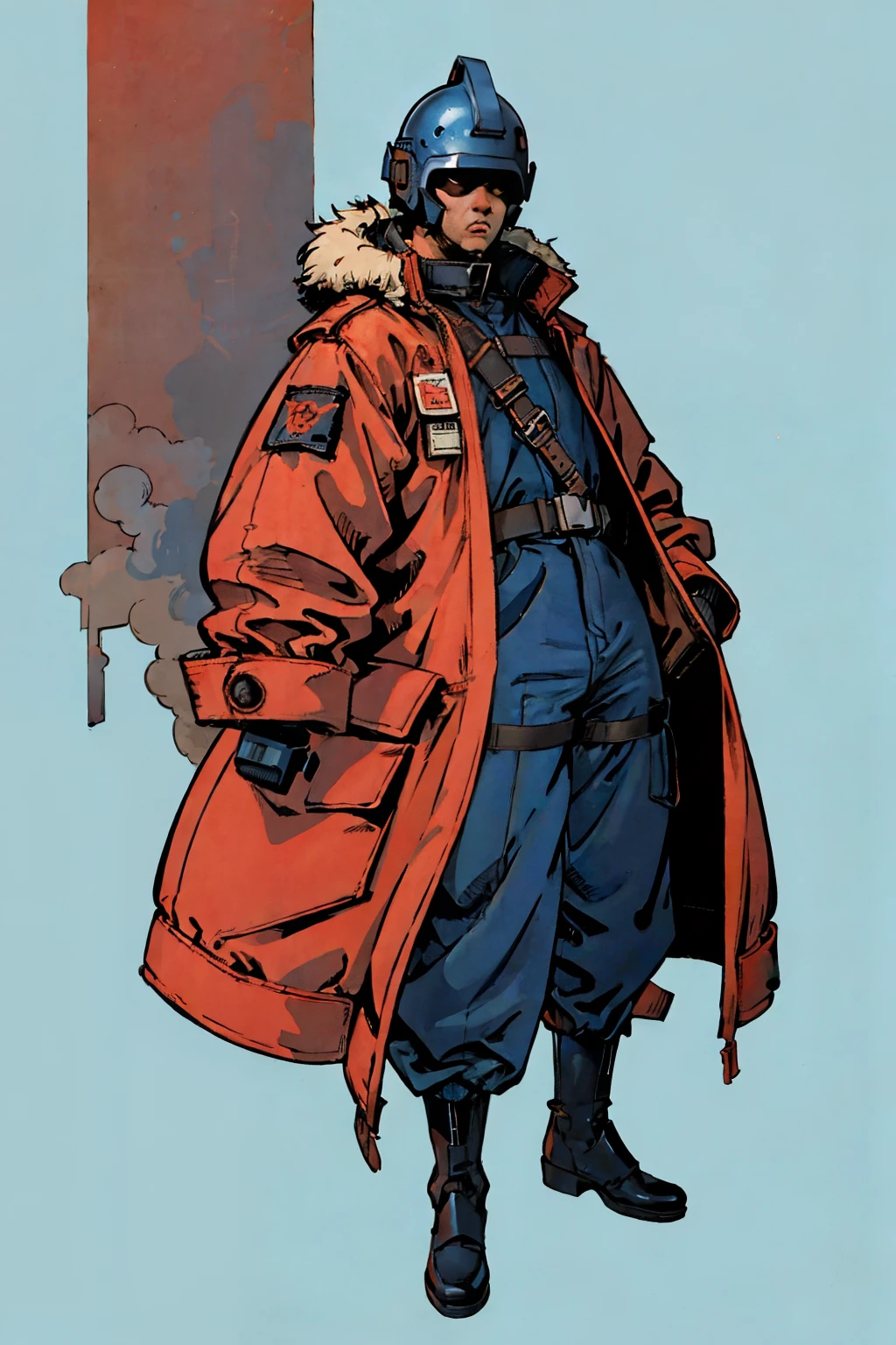 full body image, (ultra detailed,ultra high res,detailed background),((2D)),((flat color)),((muted color)), 1solo, looking at viewer, baggy flight suit, large fur collared bomber jacket, (big red galoshes), plush collar, full body image, square helmet, ((smokey blue background)), ((apocalyptic city)), entire body in frame, 