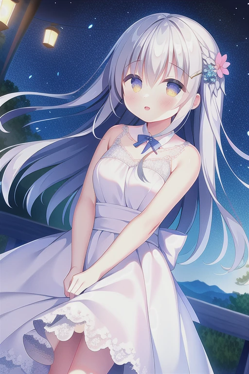 Absurd, high quality, Game CG, One girl, Long Hair, Wedding dress, Outdoor, Night Sky, Falling feathers, Upper Body
