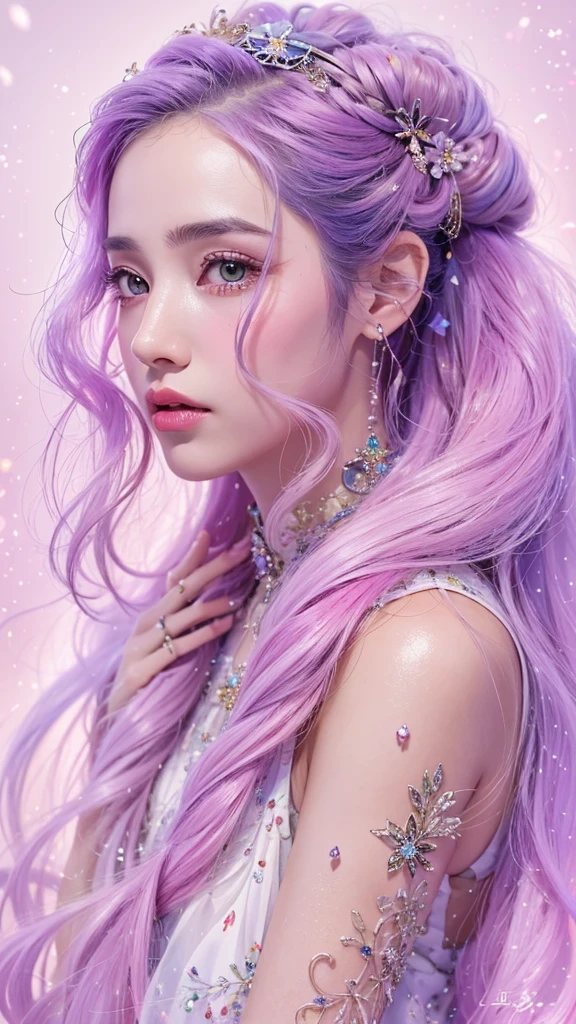 （（（Single eyelid）））Snow hoop exclusion area 32K（tmasterpiece，k hd，hyper HD，32K）Long flowing purple-pink hair，Autumn Pond，zydink， a color， Tongzhou people （Girl with glowing eyes）， （Thin silk scarf）， Side squat position， looking at the ground， long whitr hair， Floating hair， Python headdress， Chinese long-sleeved clothing， （abstract ink splash：1.2）， white backgrounid，Lotus protector（realisticlying：1.4），Purple-pink hair，Snowflakes fluttering，The background is pure， A high resolution， the detail， RAW photogr， Sharp Re， Nikon D850 Film Stock Photo by Jefferies Lee 4 Kodak Portra 400 Camera F1.6 shots, Rich colors, ultra-realistic vivid textures, Dramatic lighting, Unreal Engine Art Station Trend, cinestir 800，Long flowing purple-pink hair，((masterpiece)). This artwork is sweet, dreamy and ethereal, with soft pink watercolor hues and candy accents. Generate a delicate and demure fae exploring a (bubblegum world with a wide variety of pastel shades). Her sweet face is extremely detailed and realistic with elegant features and a fierce expression, and looks like ((((naomi scott)))). Include mature features and stunning, highly realistic eyes. Her eyes are important and should be realistic, highly detailed, and beautiful. In high definition and detail, include lots of details like stars, galaxies, colorful bubbles, colorful petals, and lots of energy and emotion! The stars and colorful bubblegum bubbles are important! Include fantasy details, enhanced details, iridescence, colorful glittering wind, and pollen. Pay special attention to her face and make sure it is beautifully and realistically detailed. The image should be dreamy and ethereal.8k, intricate, elegant, highly detailed, majestic, digital photography