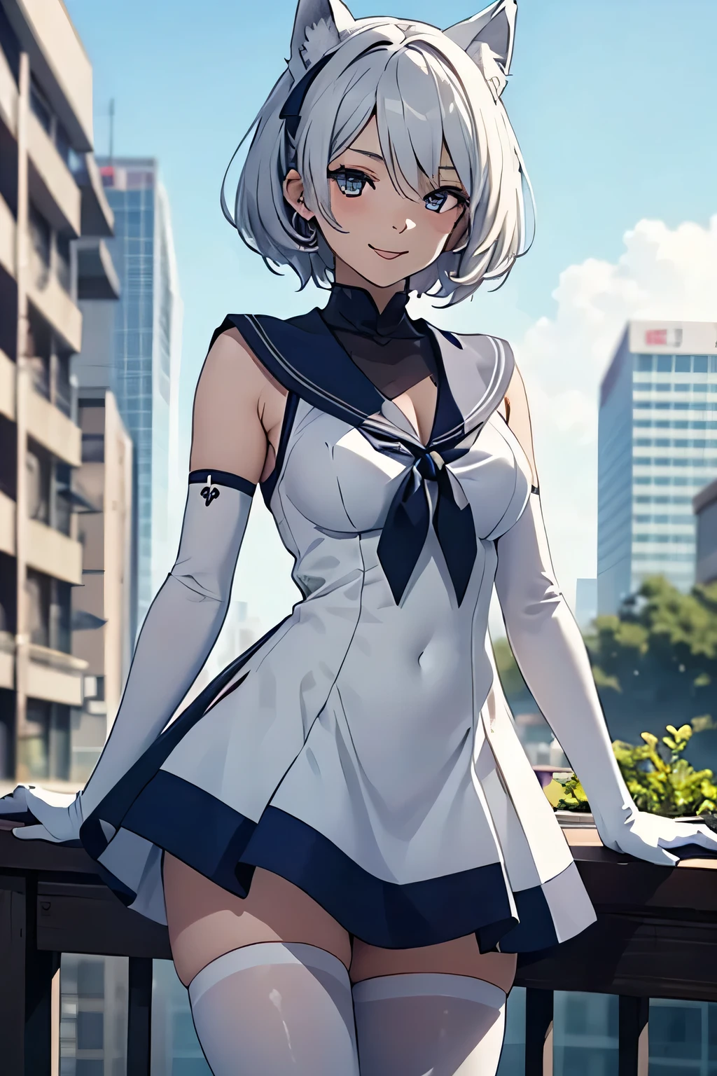 Tabletop　 Best image quality　wonderful　Attention to detail　One Young Woman（（Adult））Anime Style　White Sailor Suit（Sleeveless）　Navy blue mini skirt　Pure white gloves（Elbow Gloves）　White pantyhose（Plain）　Wolf Ears　short hair（（Shortcuts）（Gray Hair）（Curly Hair）（fluffy））　smile（Red cheeks）　Eye color is blue　background（Building district）　