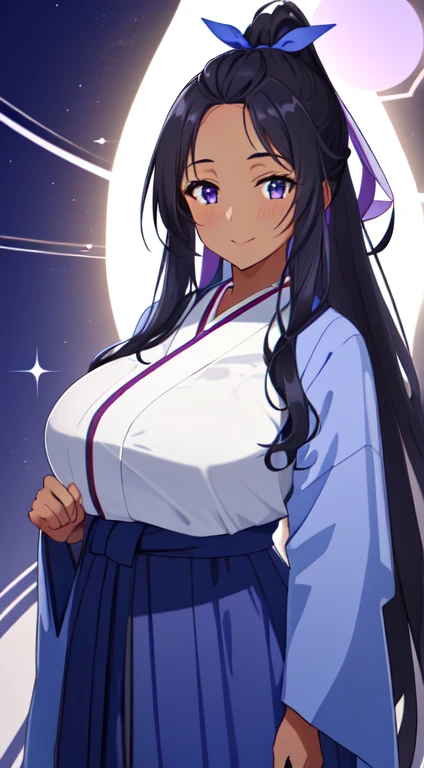 masterpiece, best quality, anime Illustration, 4k, 1 girl, solo, standing, long hair, black hair, violet eyes, high ponytail, blue hair ribbon, blue ribbon, blue hakama and white kimono, big breasts, huge breasts, looking_at_viewer, motherly smile, upper_body, dark skin, ((Village background:1.0)), ((dark skin: 1.5)), , ((parted bangs: 1.4)),  parted bangs, large forehead, purple eyes, blue hakama