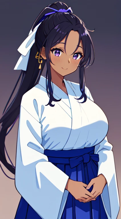 masterpiece, best quality, anime Illustration, 4k, 1 girl, solo, standing, long hair, black hair, violet eyes, high ponytail, blue hair ribbon, blue ribbon, blue hakama and white kimono, big breasts, huge breasts, looking_at_viewer, motherly smile, upper_body, dark skin, ((Village background:1.0)), ((dark skin: 1.5)), , ((parted bangs: 1.4)),  parted bangs, large forehead, purple eyes, blue hakama