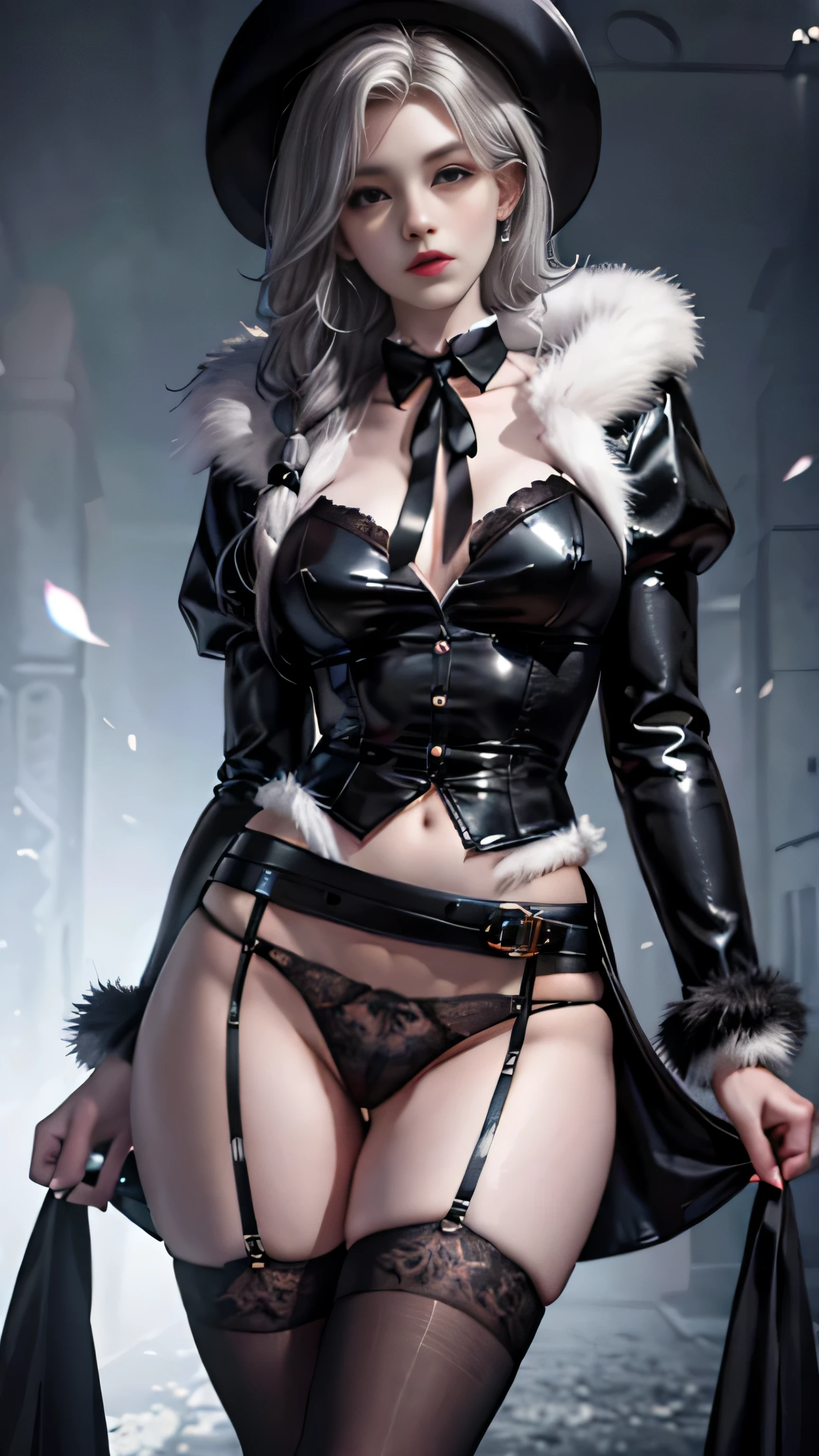 Girl portrait photography, Realistic, High resolution, 1 female, alone,full body shot, Beautiful Eyes, Close your lips, Detailed face, Gray Hair, Long Hair, Collared shirt, Black tie,Black Skirt, Pencil Skirt, Fur coat, stockings,(Black lace panties are visible)