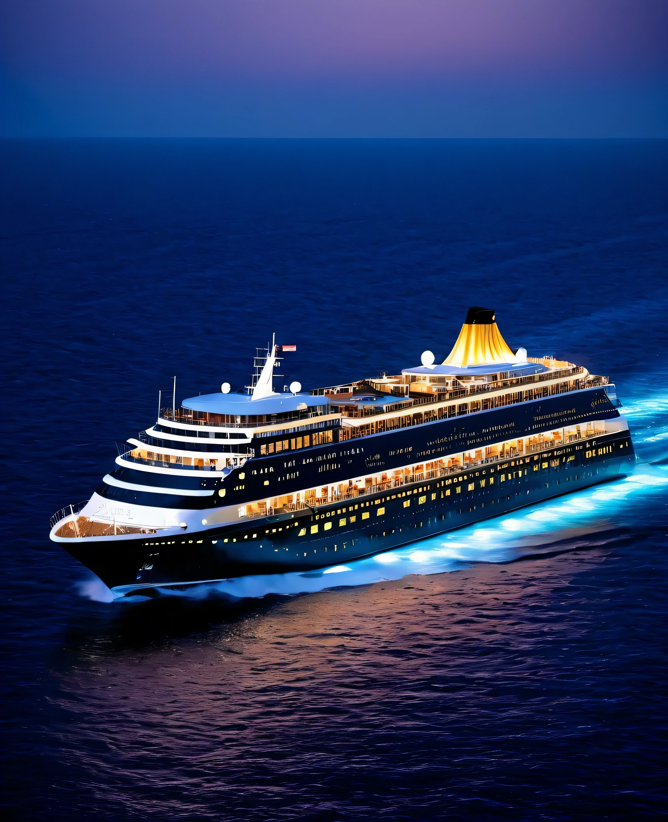 "Imagine an elegant cruise ship gliding majestically across distant horizons, its twinkling lights reflecting on the calm waters of the sea. The shimmering glow of stars in the night sky lends an air of magic to the scene, while passengers enjoy a luxurious and unforgettable experience on board. Each deck of the ship is alive with activity, as guests indulge in fine dining, entertainment, and relaxation against the backdrop of the open ocean. As the ship sails into the night, leaving a trail of sparkling light in its wake, a sense of excitement and adventure fills the air. From the sleek lines of the ship's design to the opulent interiors adorned with plush furnishings, every detail exudes elegance and sophistication. It's a scene straight out of a glamorous travel brochure, reminiscent of the opulent voyages depicted in the golden age of ocean liners."
