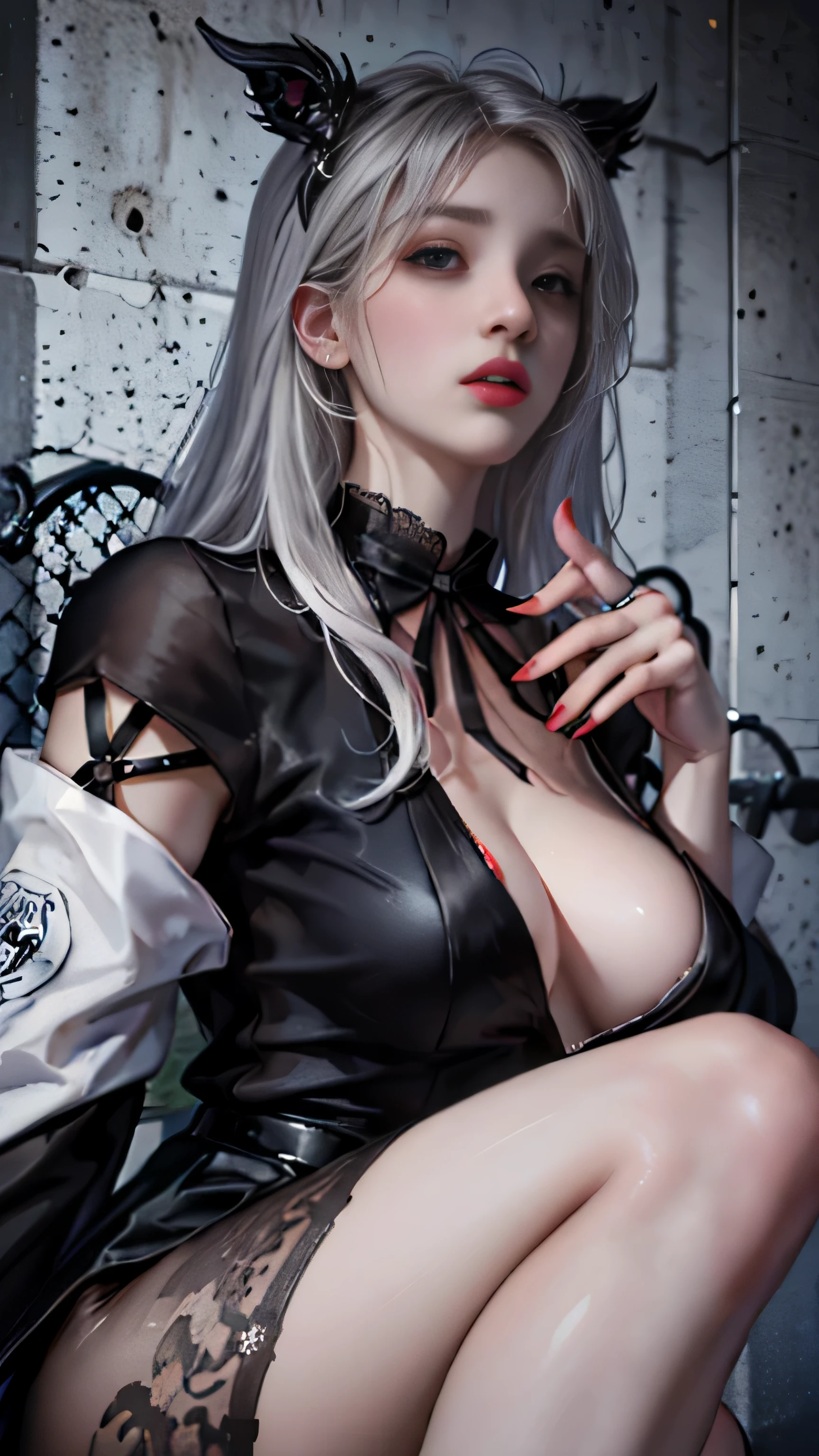 Girl portrait photography, Realistic, High resolution, 1 female, alone, Upper Body, Beautiful Eyes, Close your lips, Detailed face, Gray Hair, Long Hair, Collared shirt, Black tie,Black Skirt, Pencil Skirt, Fur coat, stockings,(Black lace panties are visible)