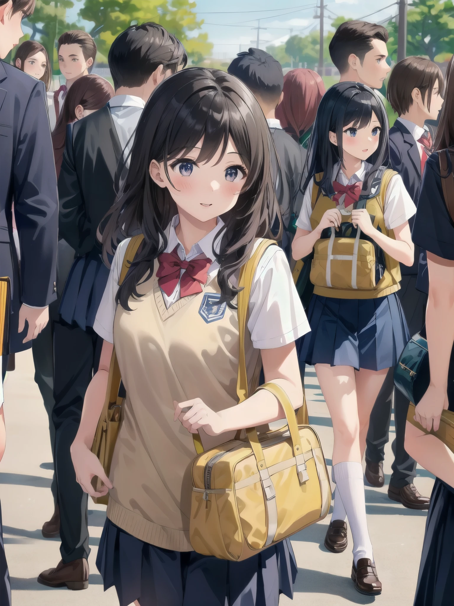 One girl, spring, high school, , warm colours, schoolbag, accurate and very detailed background, crowd of schoolgirls in uniform with various body shapes and hairstyles, cute.