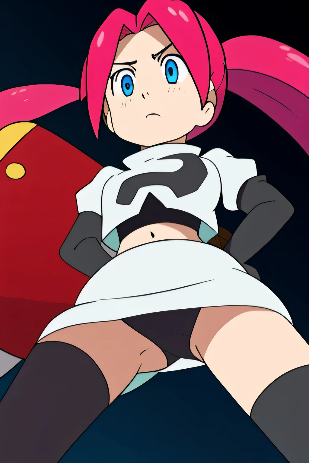 masterpiece,best quality,high res,high quality,8k, masterpiece,highres, team rocket uniform, red letter r, white skirt,white crop top,black thigh-high boots, black elbow gloves, glaring angrily, looking down at viewer, hands on hips, cowboy shot, zettai ryouiki,spread legs,from below, black panties,anime style, vivid colors, sharp focus, intense lighting,presea combatir, pink hair, blue eyes, twintails,