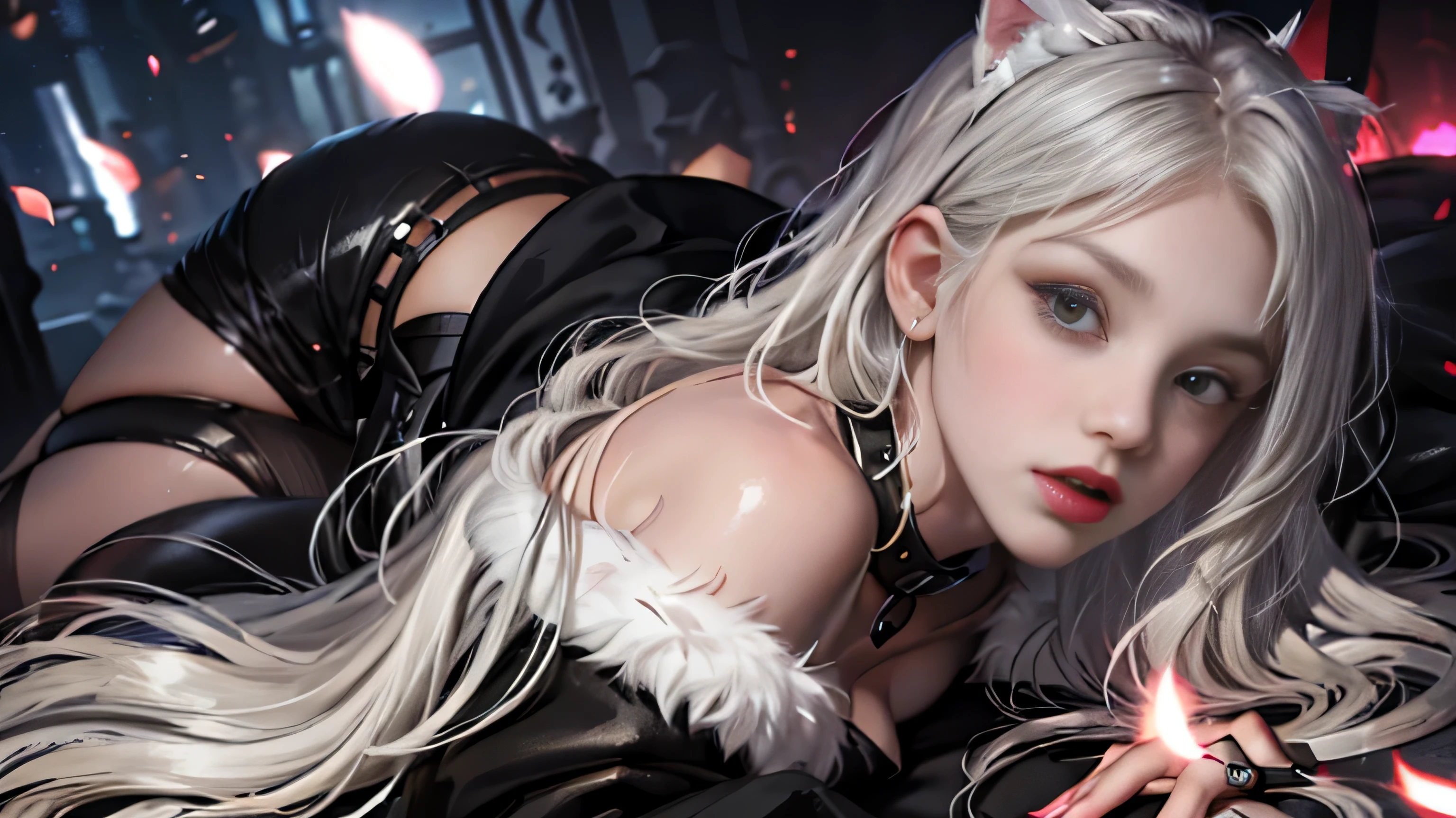 (Girl lying on fur bed),Portrait Photography, Realistic, High resolution, 1 female, alone, Upper Body, Beautiful Eyes, Close your lips, Detailed face, Gray Hair, Long Hair, Collared shirt, Black tie,Black Skirt, Pencil Skirt, Fur coat, stockings,(Black lace panties are visible)