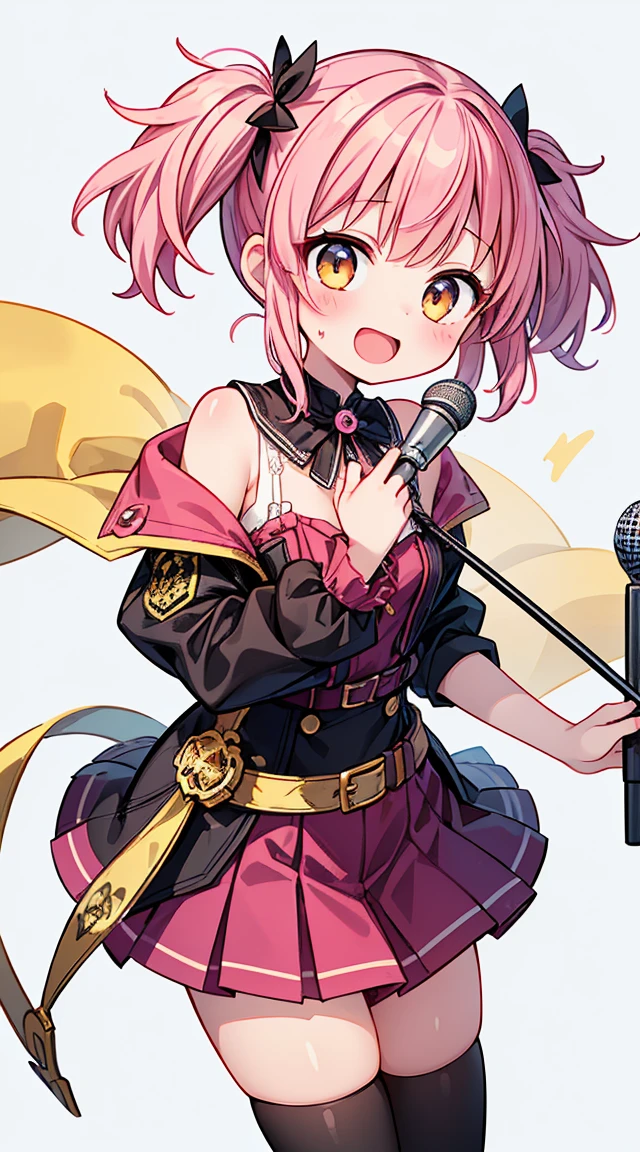 (masterpiece, highest quality, highest quality, Official Art, beautifully、aesthetic:1.2),Very detailed,Intricate details,Great illustrations,Award-winning art,atmosphere,
break, 1 beautiful girl, alone,(cute:1.5),(Little:0.8), (cute:1.5),(upon:0.5), break, (girl, cute, Hilarious, face, Medium chest:1.2),(Pink Hair,Messy short pigtails,We say,Golden Eyes:1.45),Glowing Skin,Beautiful Skin, Cleavage,beautiful , Glowing Skin,Beautiful Skin, beautiful skin,( Laughter:1.5),(highest quality face),(highest qualityの輝く目), (最高の笑face,Doya face:1.45),
break,Arms under chest,
break, tie, leather jacket, Checked skirt, belt, boots, Black legwear,
break
singing, shout, microphone, (holding microphone stand:1.2), (Leaning forward:0.7), Severe,
break
spotlight, Stage lighting,
break,Wakame seaweed,Wakame seaweed,Wakame seaweed,(Cowboy Shot:1.4),
break,(blurred background:1.3),(Absurd, High resolution, Super Detail Art),Cel Shading,Clear Color, Optical Effects, beautiful pictures, Bright glow, 神秘的なatmosphere,(Close-up of girl:1.1), Mysterious light particle effect,Manga influence, Beautiful line drawing,