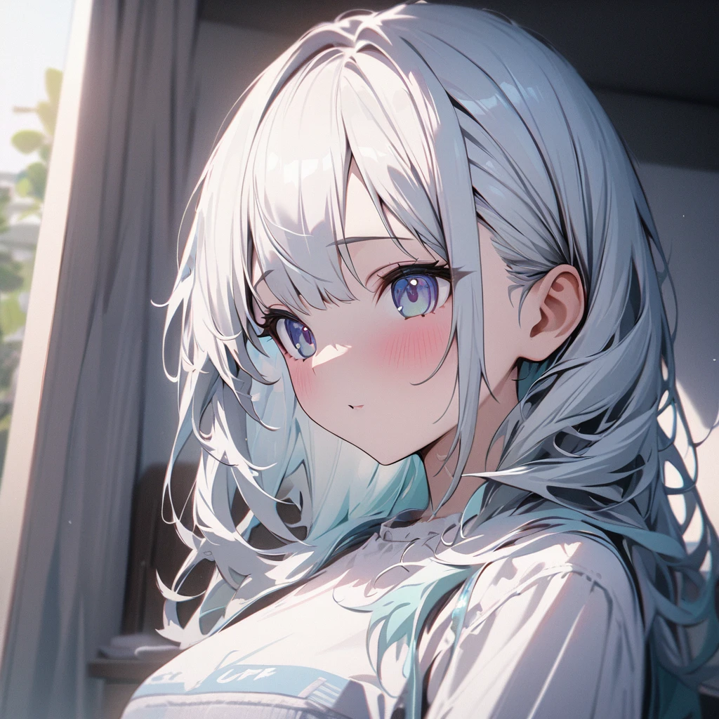 (1 girl),masterpiece, best quality, high quality, detailed, ultra detailed, hyper detailed, FHD, Full-HD, 4K, 8K, 16K, highres, absurdres, background photo, white background, in the room, kawaii, cute, UwU, beautiful, hazy atmosphere, upper body, from front, front view, [light silver and light azure, light yellow and light emerald, silver and azure, (light yellow and light silver), (light white and light silver),hair] Solo focus