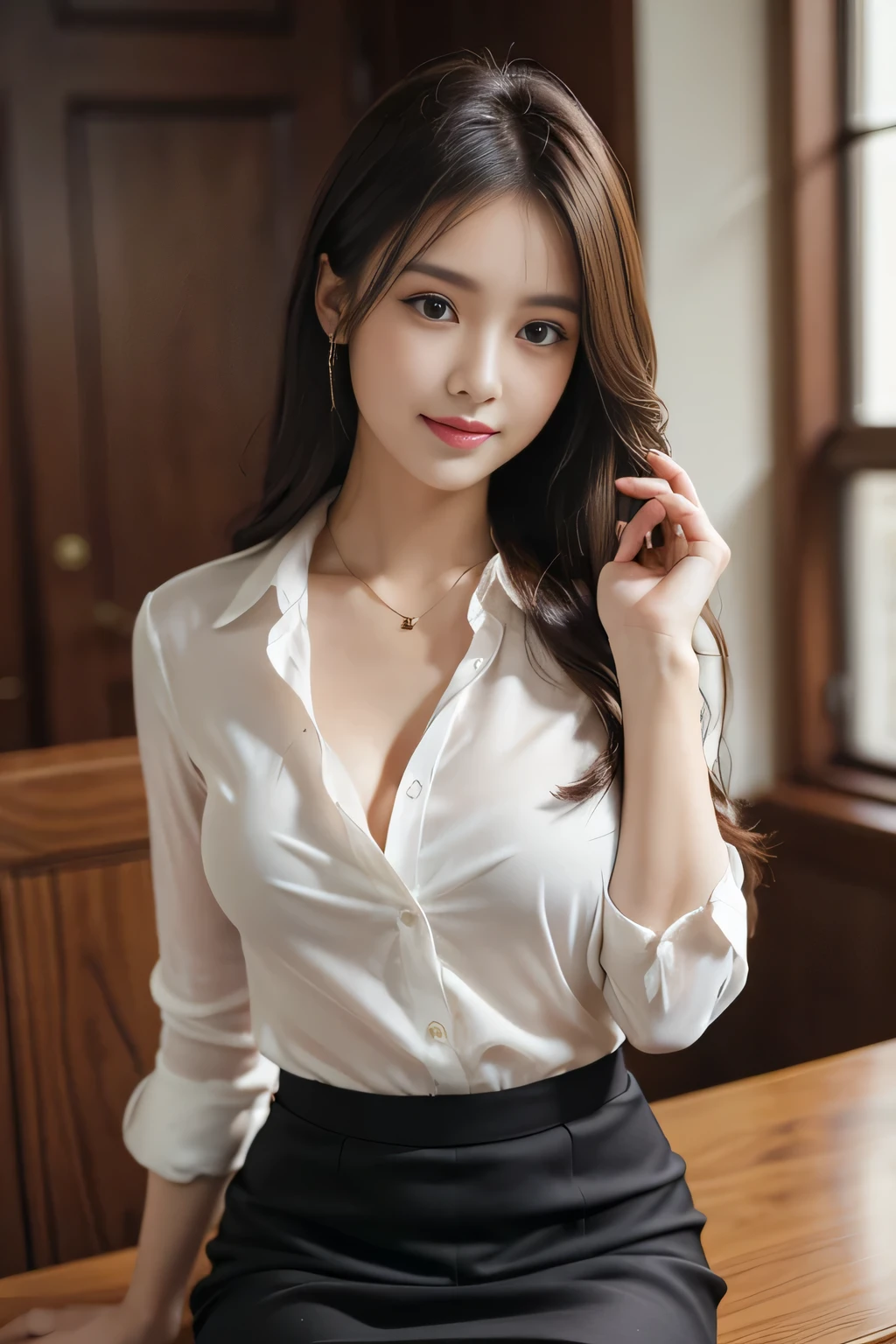 Tabletop, highest quality, Realistic, Very detailed, finely, High resolution, 8k wallpaper, One beautiful woman,, Light brown messy hair, He is wearing a black see-through dress shirt with an open collar....., Sharp focus, Perfect dynamic composition, Beautiful and detailed, Thinning hair, Detailed Realistic skin texture, smile, Close-up portrait, Model Body Type、president'secretary、mini skirt、High heels、