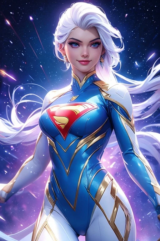 Elsa-Super Man Fusion, Superman clothes, Elsa's white hair, 1girl, Latex bodysuit, Beautiful, (master part:1.2), (best quality:1.2), ((fighting pose)), ((field battle)), cinemactic, perfect eyes, perfect skin, perfect lighting, smile, warm stars light, galaxy background, color, textured skin, detail, beauty, wonder, ultra-detailed, perfect face