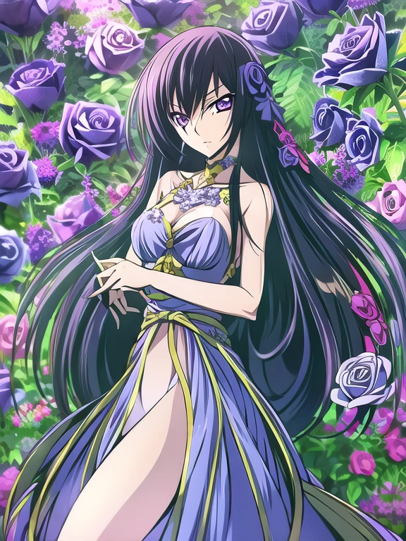 masterpiece, best quality, 1 girl,solo,codegeass,lelouch,Feminization、Feminization,18-year-old、 Long Hair、Black Hair、beautiful purple eyes、Beautiful Hair、170cm, Small waist、Beautiful breasts、A purple summer dress that reflects the whole body、Blue rose corsage