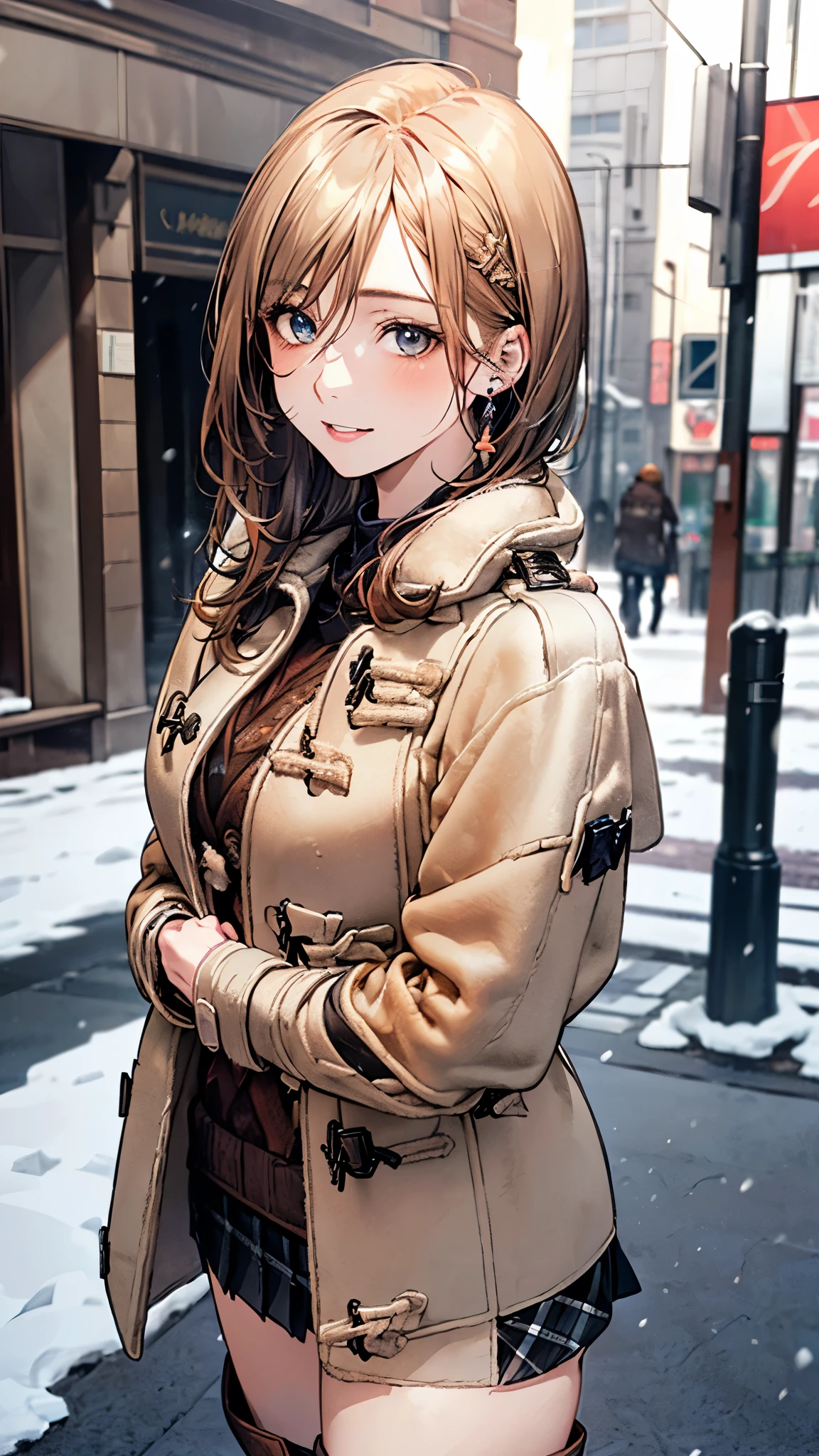 (masterpiece:1.2, top-quality), (realistic, photorealistic:1.4), beautiful illustration, (natural side lighting, movie lighting), nsfw,
looking at viewer, (face focus, upper body), cowboy shot, 1 girl, japanese, high school girl, perfect face, (perfect anatomy:1.4), cute and symmetrical face, shiny skin,
(short hair:1.2, straight hair:1.2, blonde hair), hair between eyes, blue eyes, big eyes, long eye lasher, (large breasts), slender,
beautiful hair, beautiful face, beautiful detailed eyes, beautiful clavicle, beautiful body, beautiful chest, beautiful thigh, beautiful legs, beautiful hands,
(detailed cloth texture, open coat, dark brown duffel coat, argyle pattern orange sweater:1.46, black miniskirt with line :1.4, brown long boots:1.56), accentuate legs,
(beautiful scenery), winter, evening, (street trees, urban area, snowing), walking, (lovely smile, upper eyes, parted lips),