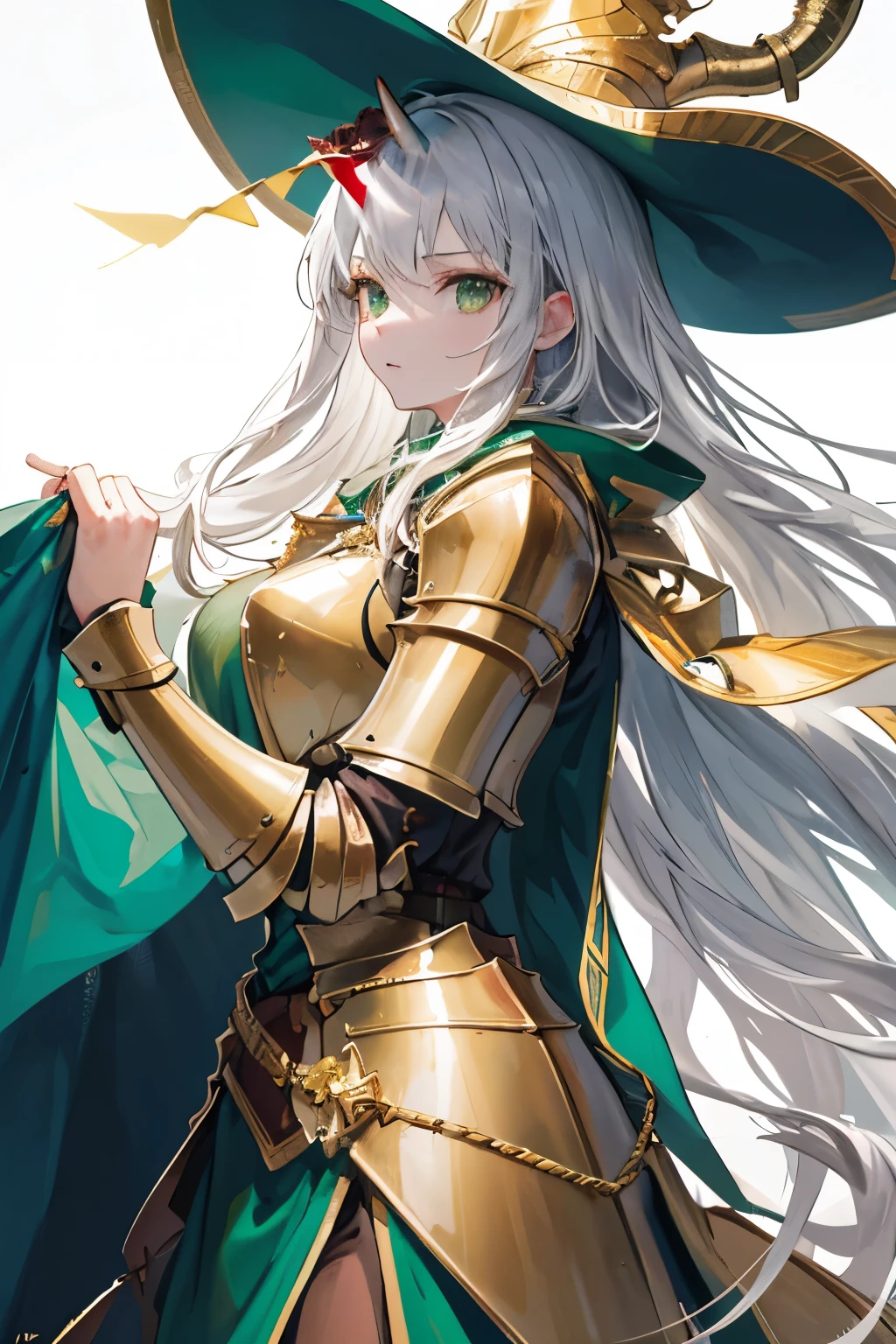 ((best quality)), ((masterpiece)), (detailed), perfect face a female knight with long silver hair, green eyes, wearing green armor with no silver but streaks of gold through the armor whilst being non bulky and a flowing green cloak, wearing hat with single gold horn sticking from side, hat is traced with gold