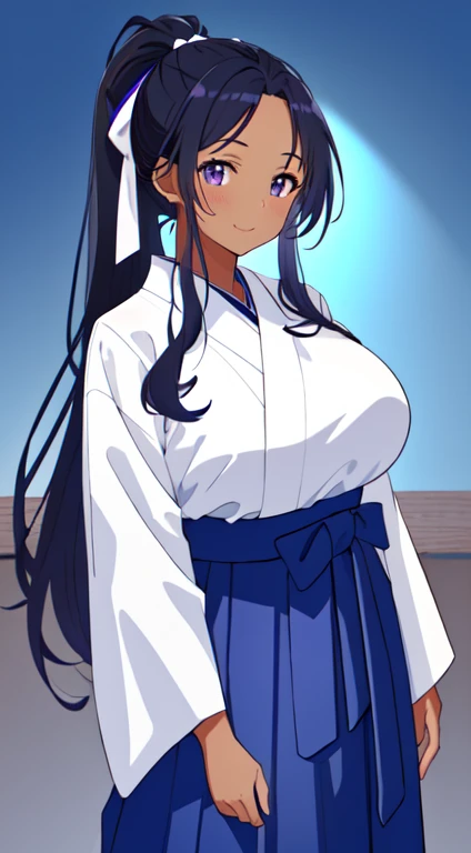 masterpiece, best quality, anime Illustration, 4k, 1 girl, solo, standing, long hair, black hair, violet eyes, high ponytail, blue hair ribbon, blue ribbon, blue hakama and white kimono, big breasts, huge breasts, looking_at_viewer, motherly smile, upper_body, dark skin, ((Village background:1.0)), ((dark skin: 1.5)), , ((parted bangs: 1.4)),  parted bangs, large forehead, purple eyes, blue hakama