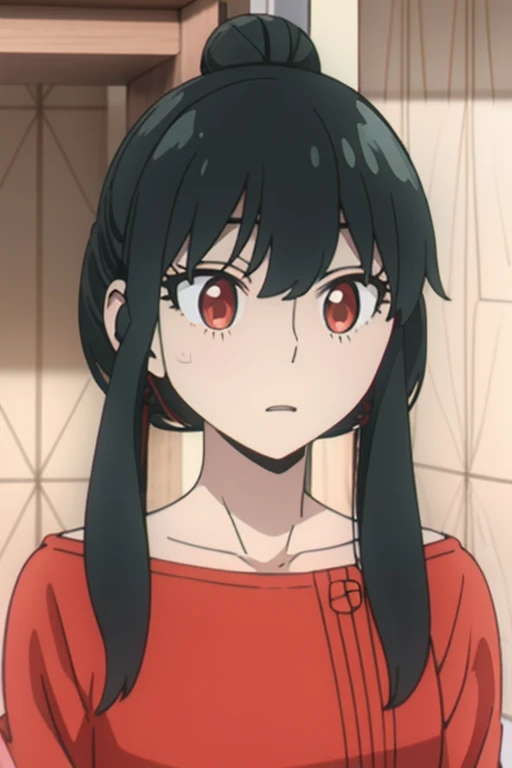 Kurosaki， Kurumi tokisaki， Brunette color hair， Low Twintails， chinese girl，（Hair above one eye：1.5），， （Red eyes：1.2）， （Small breasts：1.2），  Hair Bun， ダブルHair Bun， break LOOKS AT THE AUDIENCE， break indoors， bed， bedルーム， break （masterpiece：1.2）， highest quality， High resolution， Unity 8k wallpaper， （Awareness-raising：0.8）， （Beautiful details in the eyes：1.6）， Highly detailed face，Perfect lighting，Extremely detailed CG，（Perfect hands，Perfect Anatomy），mature，Mature Woman。