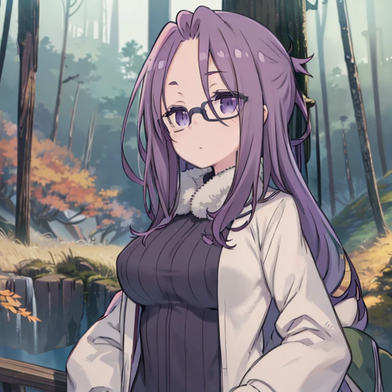 masterpiece, highest quality、Face close-up、1　Mature Woman、(kagamihara sakura)、Purple Hair、long hair、Glasses、The forehead is visible、Big Breasts、Huge breasts、Thick jacket、in the forest、Watching the audience、Calm face、cool、Are standing、