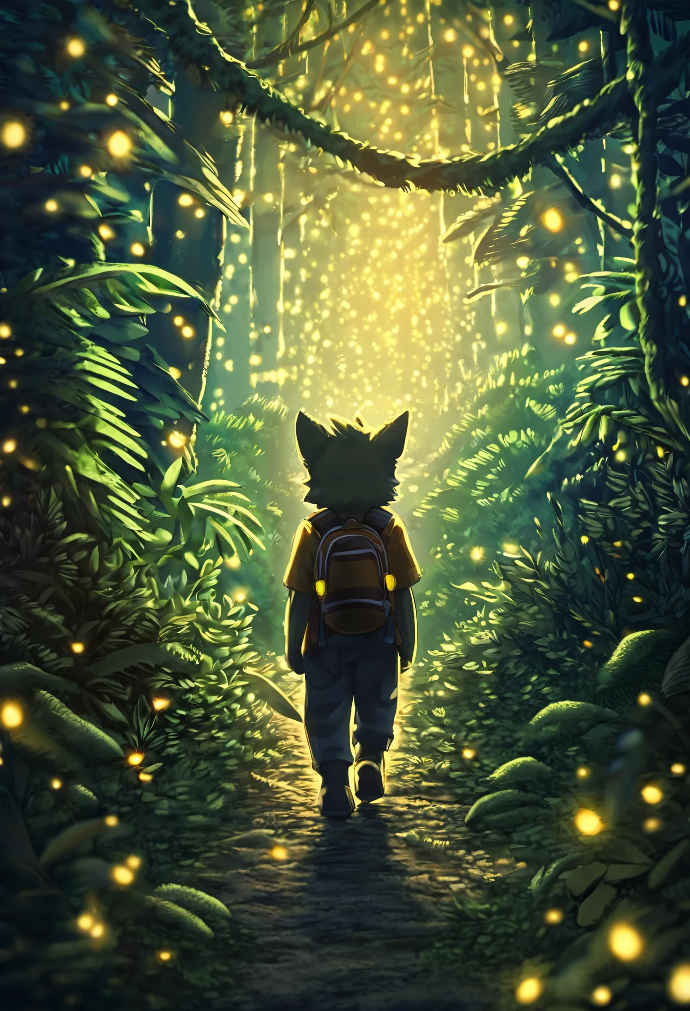 masterpiece, Walking through the firefly-filled jungle at night(1boy, kemono, furry)(Attention to detail:1 1), high quality, Browsing Caution, Beautiful Eyes(detailed face and eyes)Sharp focus, Contrast lighting, Crazy Details, Soft lighting, high quality, Film Grain,