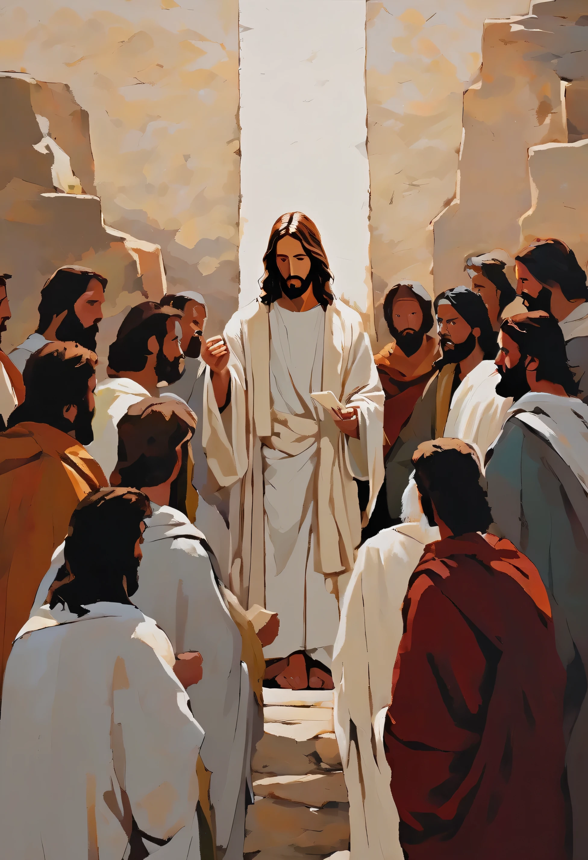 create art canvas, Jesus teaching the apostles, acrylic paint colors, earthy tones, minimalist