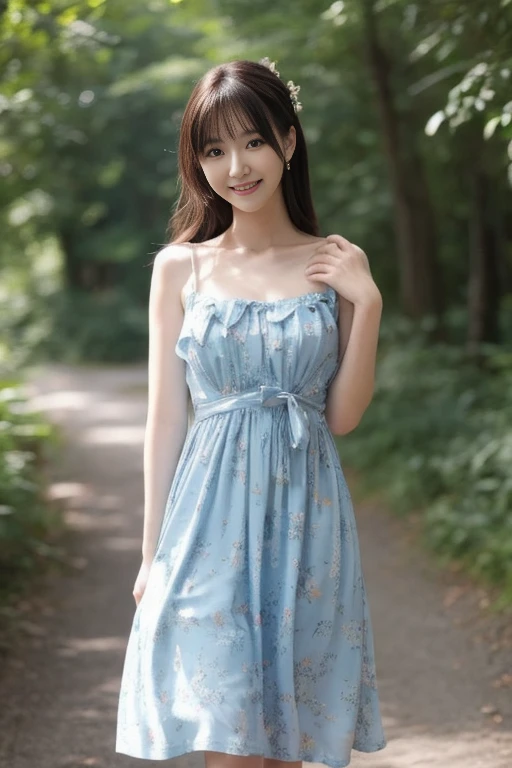 リアルな写真image quality、8kimage quality、Contrast is a little high、A woman in a blue dress walking along a forest path, Dressed in a nice dress20Old Japanese woman, adorable and cute, Pastel Blue, Tube top dress, Ruffled Costume、Attractive Japanese woman、Happy expression、gentle expression、Slightly large chest、Brunette medium-long hair、morning clear々new light、Professional Lighting、looking at the camera: 1.8