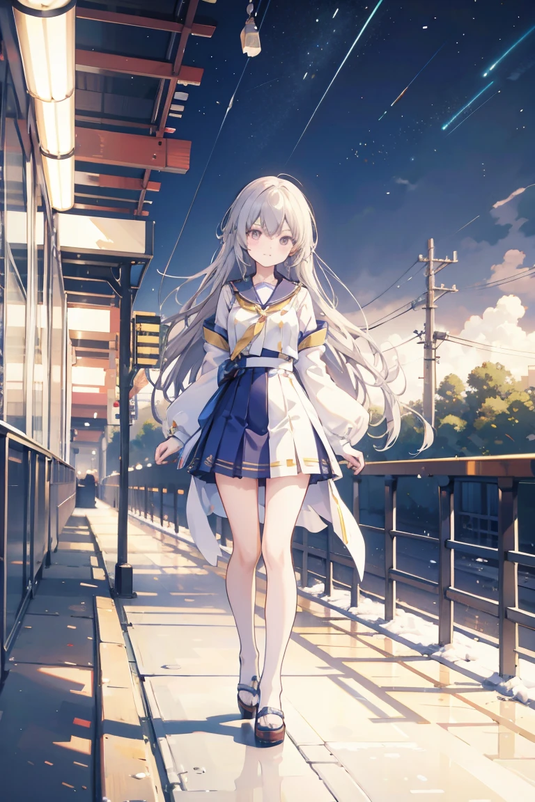 Long-haired anime girl walking on the train platform, Fleet Collection Style, Electromagnetic cannon, The Golden Fleet, Kantai Collection Arcade, captain, Shinkai Makoto风格, Anime visuals of cute girls, Shinkai Makoto艺术风格, Beautiful anime high school girl, Anime style 4K, official art works, Shinkai Makoto