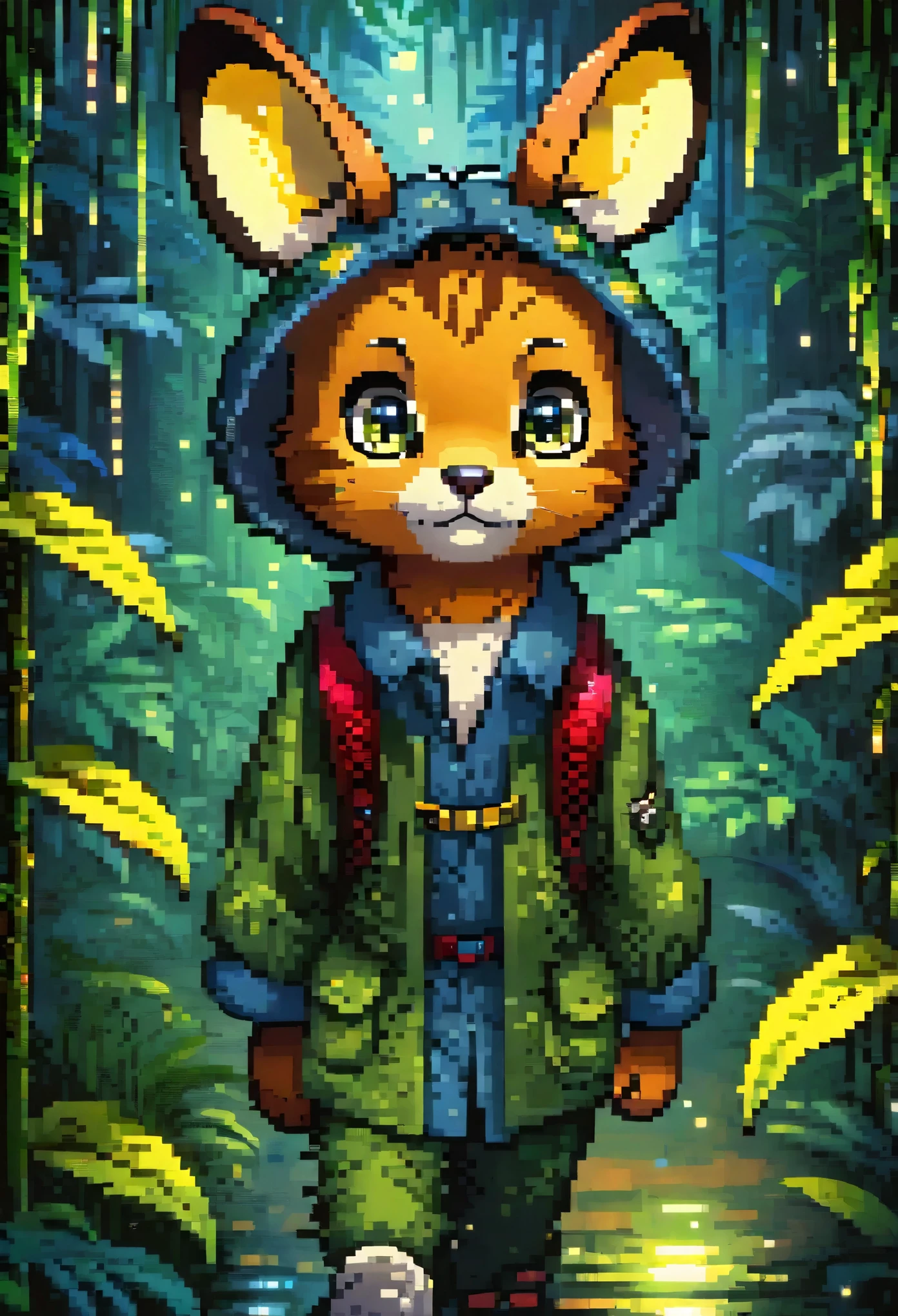 masterpiece, Walking through the firefly-filled jungle at night(1boy, kemono, furry)(Attention to detail:1 1), high quality, Browsing Caution, Beautiful Eyes(detailed face and eyes)Sharp focus, Contrast lighting, Crazy Details, Soft lighting, high quality, Film Grain,