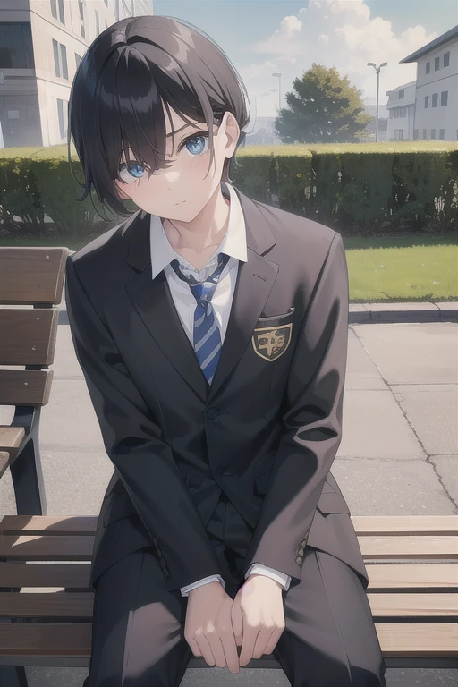 1boy, school, outdoors, sitting on bench on roof, bangs, (hairstyle: straight), black hair, middle hair,  (blue eyes:1.2), (hair over left eye:1.5), yellow eyes, heterochromia, long sleeves, school unform, black jacket with school logo, shirt, blue necktie with black stripess, grey trousers, looking at the sky, normal face, (from below:0.7)