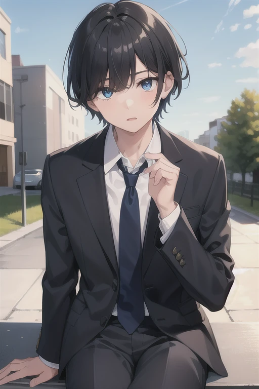 1boy, school, outdoors, sitting on bench on roof, bangs, (hairstyle: straight), black hair, middle hair, (blue eyes:1.2), (hair over left eye:1.5), yellow eyes, heterochromia, long sleeves, school unform, black jacket with school logo, shirt, blue necktie with black stripess, grey trousers, looking at the sky, normal face, (from below:0.7)