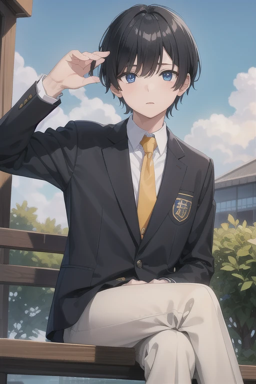 1boy, school, outdoors, sitting on bench on roof, bangs, (hairstyle: straight), black hair, middle hair, (blue eyes:1.2), (hair over left eye:1.5), yellow eyes, heterochromia, long sleeves, school unform, black jacket with school logo, shirt, blue necktie with black stripess, grey trousers, looking at the sky, normal face, (from below:0.7)