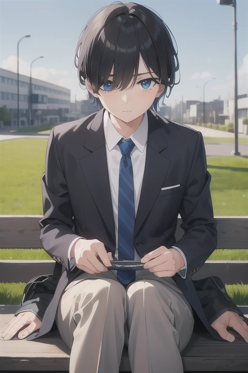 1boy, school, outdoors, sitting on bench on roof, bangs, (hairstyle: straight), black hair, middle hair, (blue eyes:1.2), (hair over left eye:1.5), yellow eyes, heterochromia, long sleeves, school unform, black jacket with school logo, shirt, blue necktie with black stripess, grey trousers, looking at the sky, normal face, (from below:0.7)