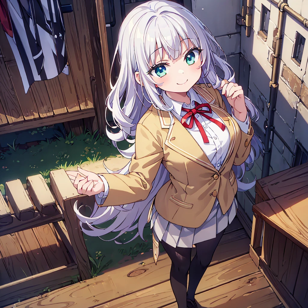 ((masterpiece)), (Professional photography:1.2), (High resolution:1.3), highest quality, 8k, (From above), Textured skin, Cinema Lighting, (One girl), low length, Standing on one leg, ((Cute teenage girl)), (very dull bangs, Slightly loose curls, Chest Length Hair, Pale silver hair in fine detail), ((smiling)), Glowing green eyes, (Droopy eyes), (Happy Pose), Narrow waist, Take off your clothes carelessly, (Pale ivory blazer school uniform), (White blouse), (Brown Skirt), school in the cityscape, Red string ribbon