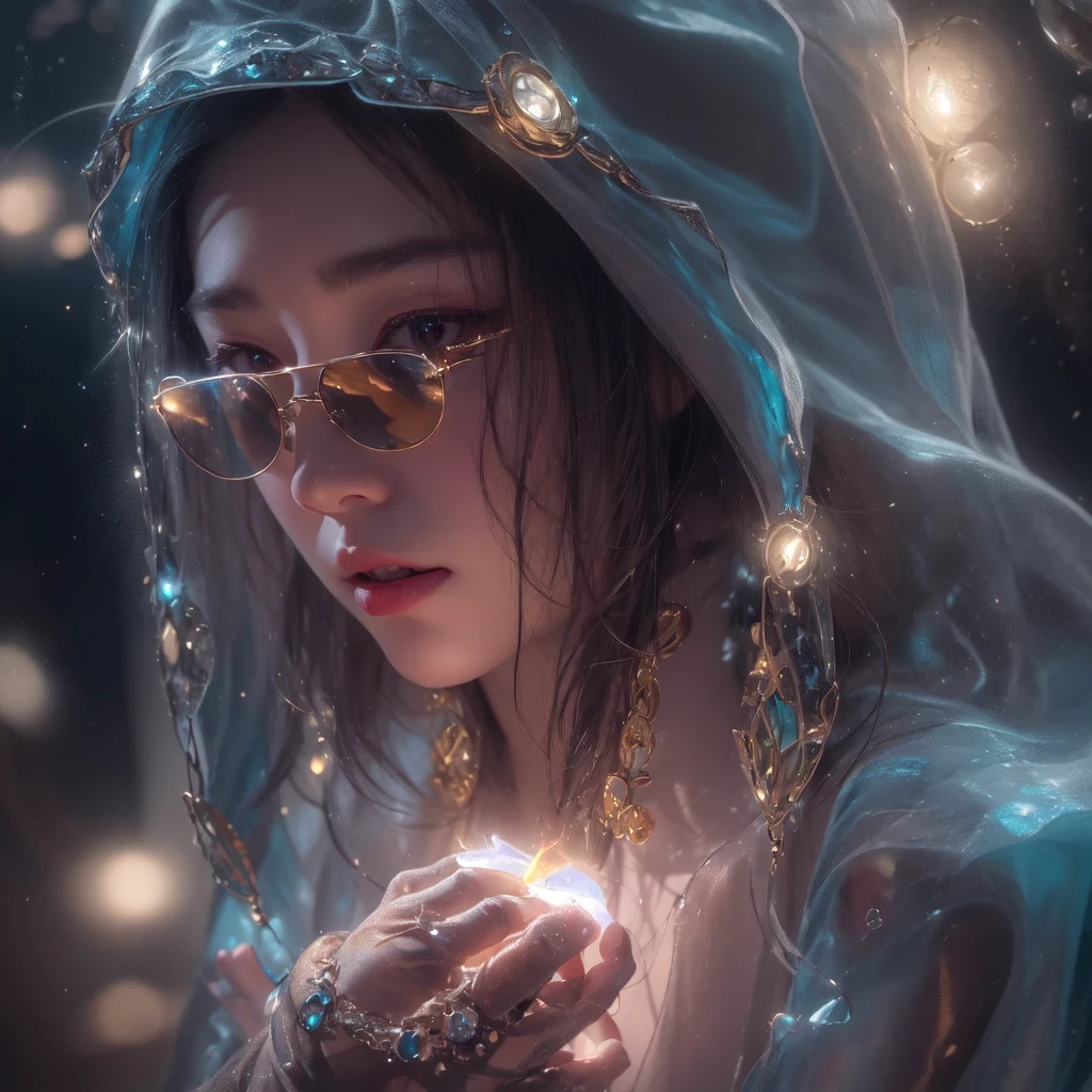 Asian fairy wearing silk hooded and glowing gloves，Lateral face，A collarless coat，Lightning hands，sunglasses，Cyberpunk smoke，（（（nmasterpiece））），（（（Side view））（Ultra-detailded）（illustration）（Detailed lighting）（（Telephoto Tilt-Shift））（nmasterpiece）（sunny day background）（Ultra-detailded）（photorealestic），（Detailed light），（（an extremely delicate and beautiful one），（（faerie）），（（lightning in hand）），Lightning surrounds the fairy，（（lightning chain）），Suspended crystals，There is lightning inside the crystal，