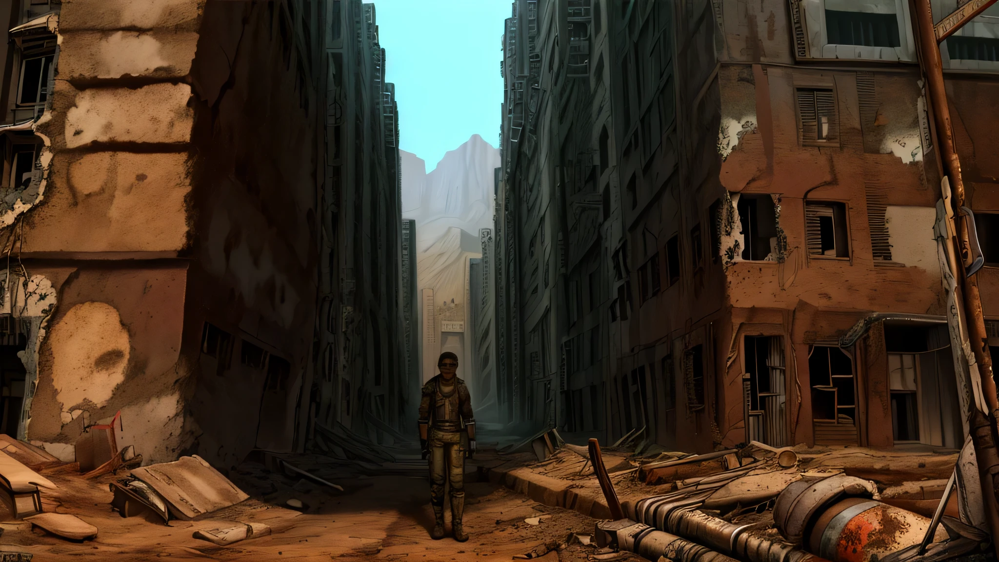 Portrait of a science fiction setting, among complex background punk elements reminiscent of Fallout's world. The scene is futuristic and post-apocalyptic, showcasing intricate details in best quality. This masterpiece presents the devastatated ancient city ruins in the arid desert backdrop. 