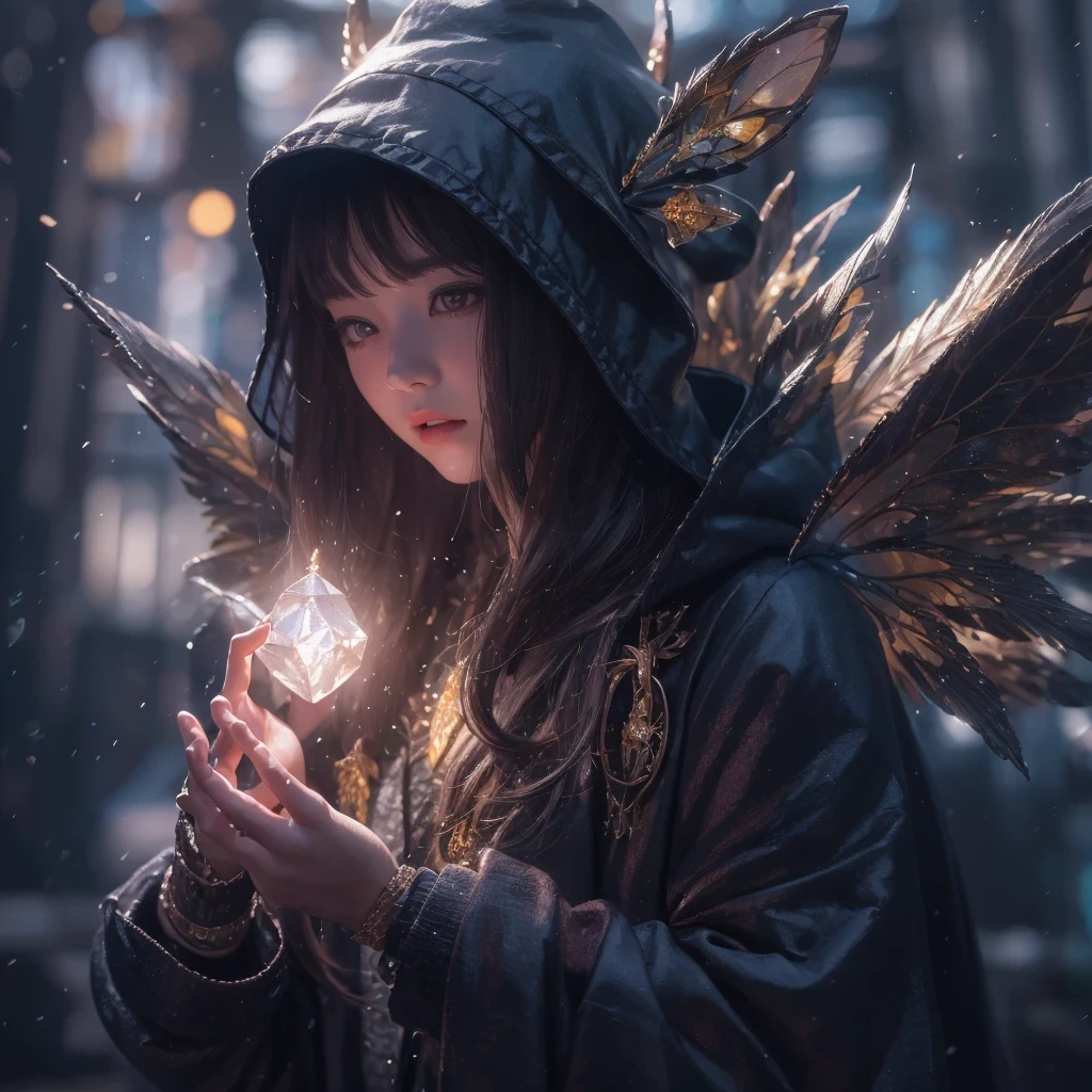 Asian fairy wearing silk hooded and glowing gloves，Lateral face，A collarless coat，Lightning hands，sunglasses，Cyberpunk smoke，（（（nmasterpiece））），（（（Side view））（Ultra-detailded）（illustration）（Detailed lighting）（（Telephoto Tilt-Shift））（nmasterpiece）（sunny day background）（Ultra-detailded）（photorealestic），（Detailed light），（（an extremely delicate and beautiful one），（（faerie）），（（lightning in hand）），Lightning surrounds the fairy，（（lightning chain）），Suspended crystals，There is lightning inside the crystal，