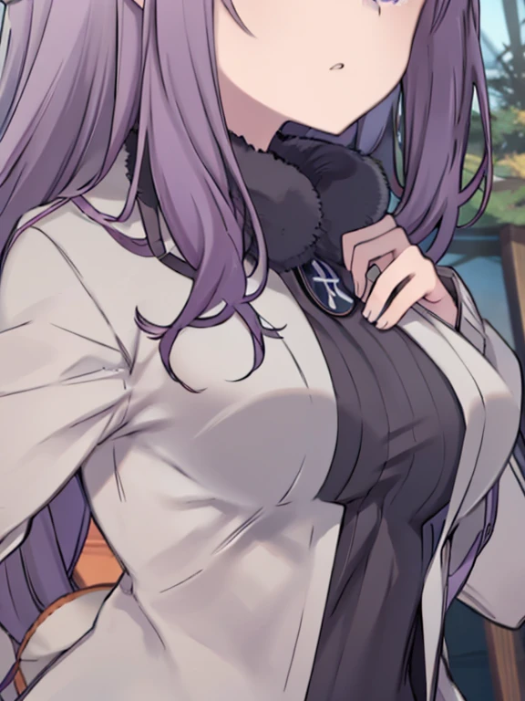 masterpiece, highest quality、Face close-up、1 Mature Woman、(kagamihara sakura)、Purple Hair、long hair、The forehead is visible、Big Breasts、Huge breasts、Thick jacket、in the forest、Watching the audience、Calm face、cool、Are standing、