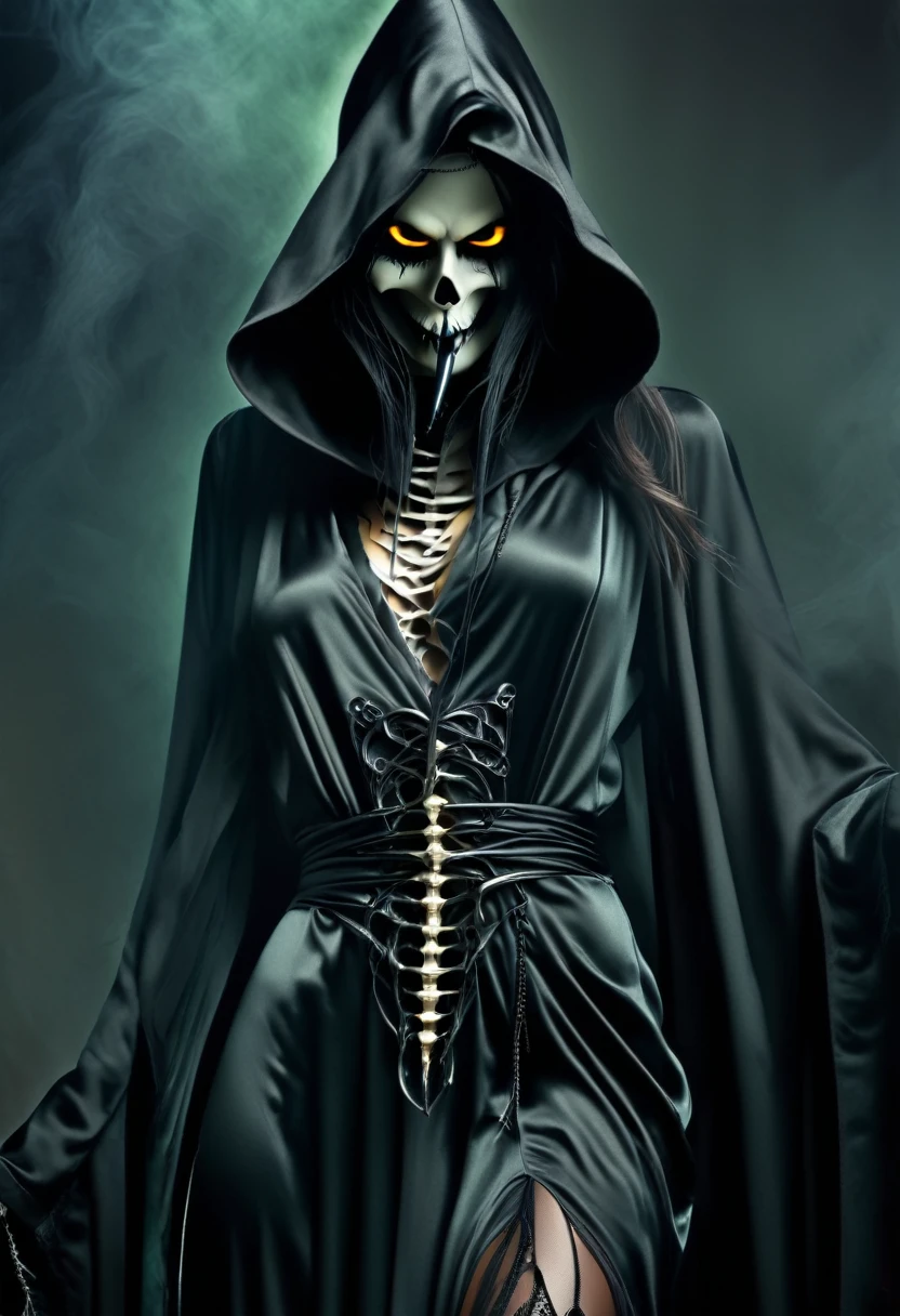 Sexy seductive death, dead face, skull face, hood,    lage eyes, makeup, thick curved lips, sexy grim reaper robe, seductive pose