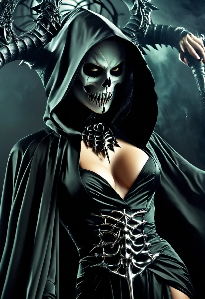 Sexy seductive death, dead face, skull face, hood, lage eyes, makeup, thick curved lips, sexy grim reaper robe, seductive pose