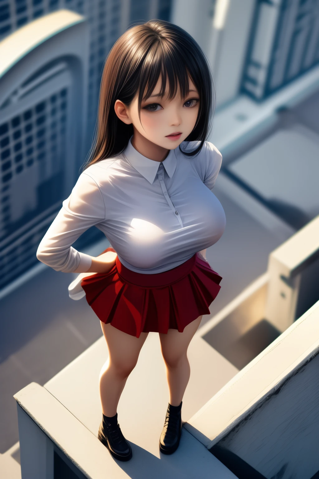 woman Standing on the Rooftop, full body shot from above, cropped tops and skirt