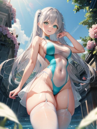 小さなgirl、The arrival of spring、pantyhose、Thick thighs、Thick thighs、Thick thighs、 (alone:1.5,)Very detailed,Bright colors, Very beautiful detailed anime faces and eyes, ,Showing her ass, Shiny_skin,girl, ((Silver Long Hair,Inner color is red 、Forehead is exposed.、Green Eyes、、Shiny hair, Delicate beautiful face, blush、(Turquoise Eyes), White skin, Valletta, Earrings,、blue flower field、(((See-through one-piece swimsuit、White mini skirt)))、Twin tails、smile、Happy Face、face dyed red、On all fours