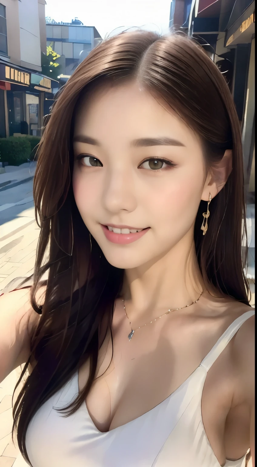 ((highest quality, 8k, masterpiece :1.3)), One girl, Selfie, close, Affectionate smile, Slim face, Beautiful woman, (Dark brown hair), Big Breasts:1.3,White full-length dresses :1.1, Highly detailed face, Fine grain, double eyelid, Blur the background, Slim face, city, outside, street, sunny, null, nature