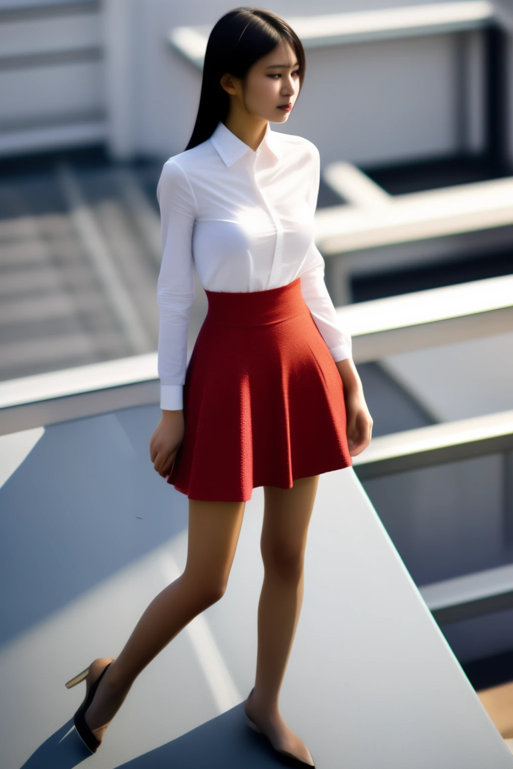 woman Standing on the Rooftop, full body shot from above, cropped tops and skirt