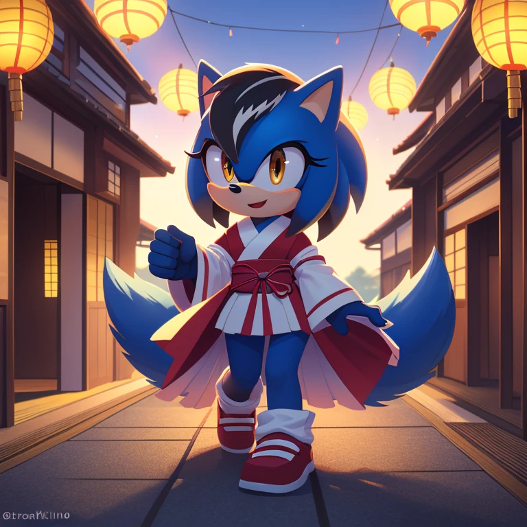 best quality, ultra-detailed, cinematic lighting, beautiful lighting, ((Masterpiece, humanoid hands)), hi res, detailed, detailed background, vibrant lighting, high quality, cartoon style, 2d, (mobian:1.1), solo, 1girl, (blue mobian hedgehog), blue body fur, (blue head spikes, black highlights:1.3), three tails, yellow eyes, lean body, ((wearing red Kimino)), ((japanies houses)), ((celebrating)), happy
