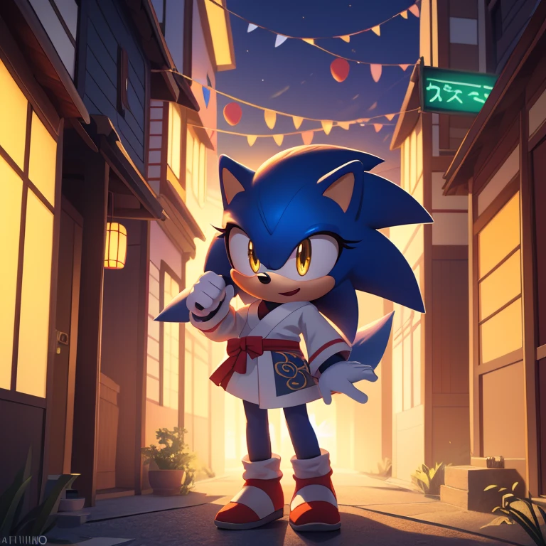 best quality, ultra-detailed, cinematic lighting, beautiful lighting, ((Masterpiece, humanoid hands)), hi res, detailed, detailed background, vibrant lighting, high quality, cartoon style, 2d, (mobian:1.1), solo, 1girl, (blue mobian hedgehog), blue body fur, (blue head spikes, black highlights:1.3), three tails, yellow eyes, lean body, ((wearing red Kimino)), ((japanies houses)), ((celebrating)), happy