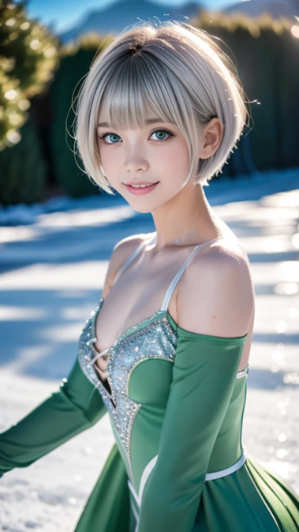 ♥(White figure skate costume),((1girl,cute,young,pixie cut beautiful silver blonde hair,blunt bangs,beautiful green eyes)),(solo),((masterpiece, highest resolution,best quality)), ((realistic:1.5,Beautiful girl RAW photo)),(White figure skate costume), (looking at the viewer), innocent smile,cinematic lighting,beautiful icy lake and mountains,flowers,trees,snow,blue sky
