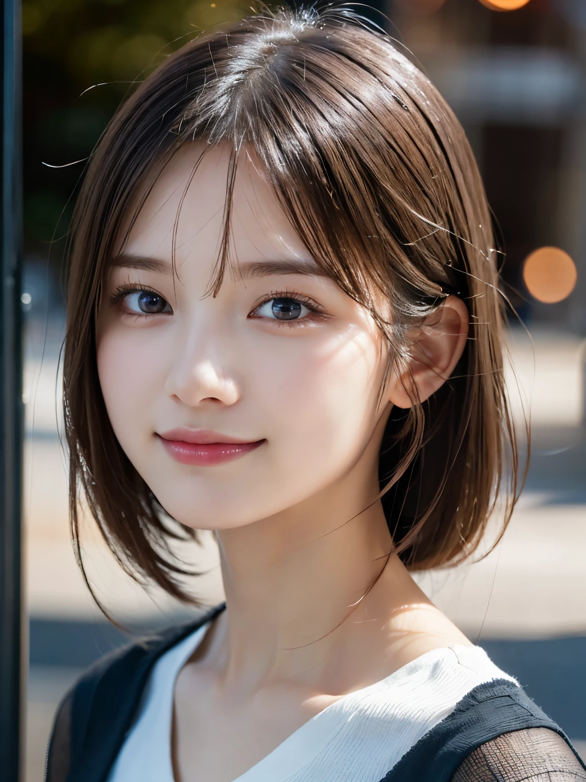1 girl, (RAW Photos, highest quality), (Realistic, Photorealistic:1.4), Very delicate and beautiful, Very detailed, 8k wallpaper, wonderful, finely, Very detailed CG Unity, High resolution, Soft Light, Beautiful and detailed 19 year old girl, Very detailedな目と顔, Beautiful and detailed nose, finelyて美しい目, Small Mouth, Cinema Lighting, Perfect Anatomy, Slender body,smile