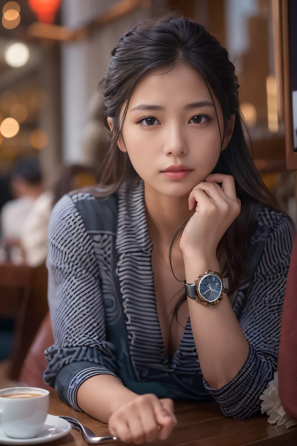 (best quality,8K,masterpiece:1.2),(realistic,photorealistic,photo-realistic:1.37),elegant style,beautiful woman,craving for coffee,coffee cup,Indonesian woman style,beautiful fair skin,detailed beautiful eyes,medium hair,wearing a wristwatch