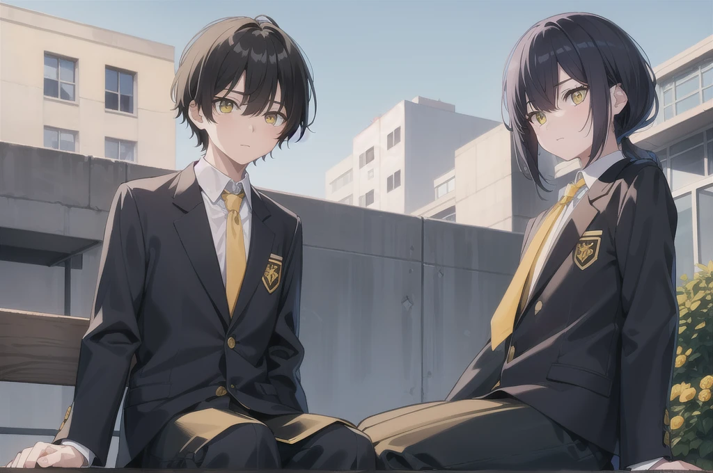 1boy, school, outdoors, sitting on bench on roof, bangs, (hairstyle: straight), black hair, middle hair,  (blue eyes:1.2), (hair over left eye:1.5), (yellow eyes:1.5), heterochromia, long sleeves, school unform, black jacket with school logo, shirt, blue necktie with black stripess, grey trousers, looking at the sky, normal face, (from below:0.7)