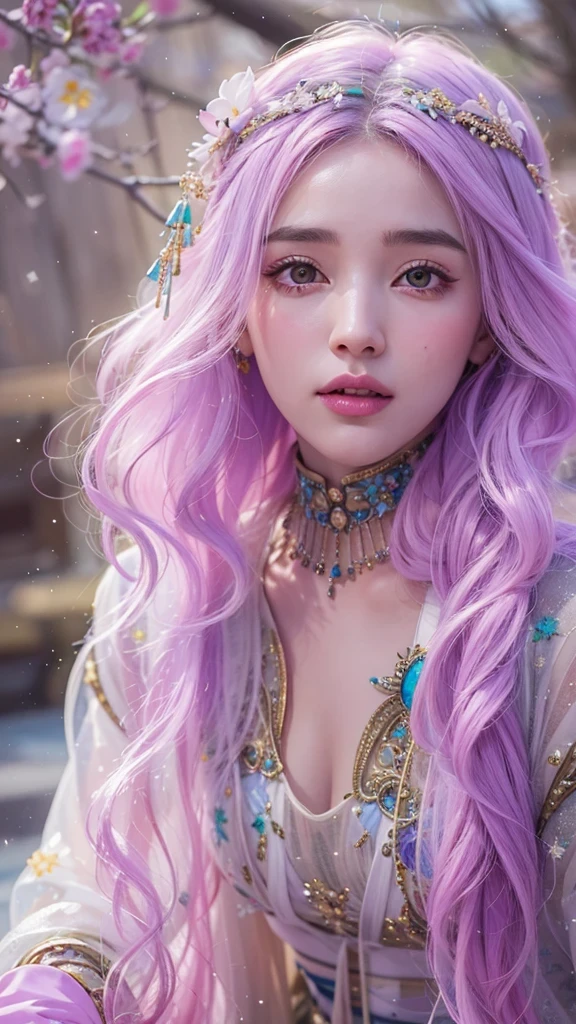(((Single eyelid)))Snow hoop exclusion area 32K(tmasterpiece,k hd,hyper HD,32K)Long flowing purple-pink hair,Autumn Pond,zydink, a color, Tongzhou people (Girl with glowing eyes), (Thin silk scarf), Side squat position, looking at the ground, long whitr hair, Floating hair, Python headdress, Chinese long-sleeved clothing, (abstract ink splash:1.2), white backgrounid,Lotus protector(realisticlying:1.4),Purple-pink hair,Snowflakes fluttering,The background is pure, A high resolution, the detail, RAW photogr, Sharp Re, Nikon D850 Film Stock Photo by Jefferies Lee 4 Kodak Portra 400 Camera F1.6 shots, Rich colors, ultra-realistic vivid textures, Dramatic lighting, Unreal Engine Art Station Trend, cinestir 800,Long flowing purple-pink hair,((masterpiece)). This artwork is sweet, dreamy and ethereal, with soft pink watercolor hues and candy accents. Generate a delicate and demure fae exploring a (bubblegum world with a wide variety of pastel shades). Her sweet face is extremely detailed and realistic with elegant features and a fierce expression, and looks like ((((naomi scott)))). Include mature features and stunning, highly realistic eyes. Her eyes are important and should be realistic, highly detailed, and beautiful. In high definition and detail, include lots of details like stars, galaxies, colorful bubbles, colorful petals, and lots of energy and emotion! The stars and colorful bubblegum bubbles are important! Include fantasy details, enhanced details, iridescence, colorful glittering wind, and pollen. Pay special attention to her face and make sure it is beautifully and realistically detailed. The image should be dreamy and ethereal.8k, intricate, elegant, highly detailed, majestic, digital photography