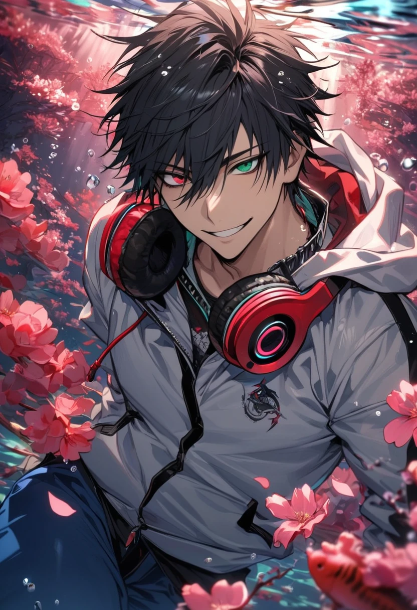 absurdres, highres, ultra detailed, HDR, master piece, best quality, Yamada Ichiro, chin length black hair, Hypnosis Mic, heterochromia, right eye is red, left eye is green, a white hoodie with two zippers, red varsity jacket, red headphones around his neck, blue pants, solo, sexy man, handsome, smile, underwater, blossoms, pink petals, pink fish